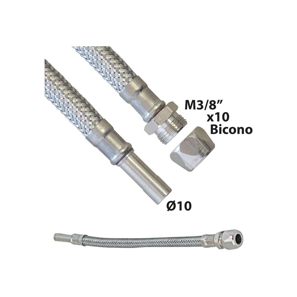 FLESSIBILE IN ACCIAIO INOX M3/8"x10 BICONO CON TRONCHETTO Ø10