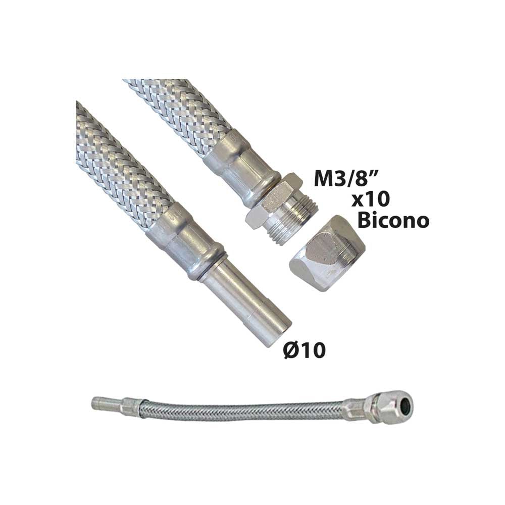 FLESSIBILE IN ACCIAIO INOX M3/8x10 BICONO CON TRONCHETTO Ø10