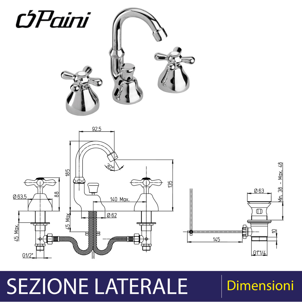 BATTERIA BIDET A TRE FORI CON BOCCA ALTA ORIENTABILE "LIBERTY" - img 3