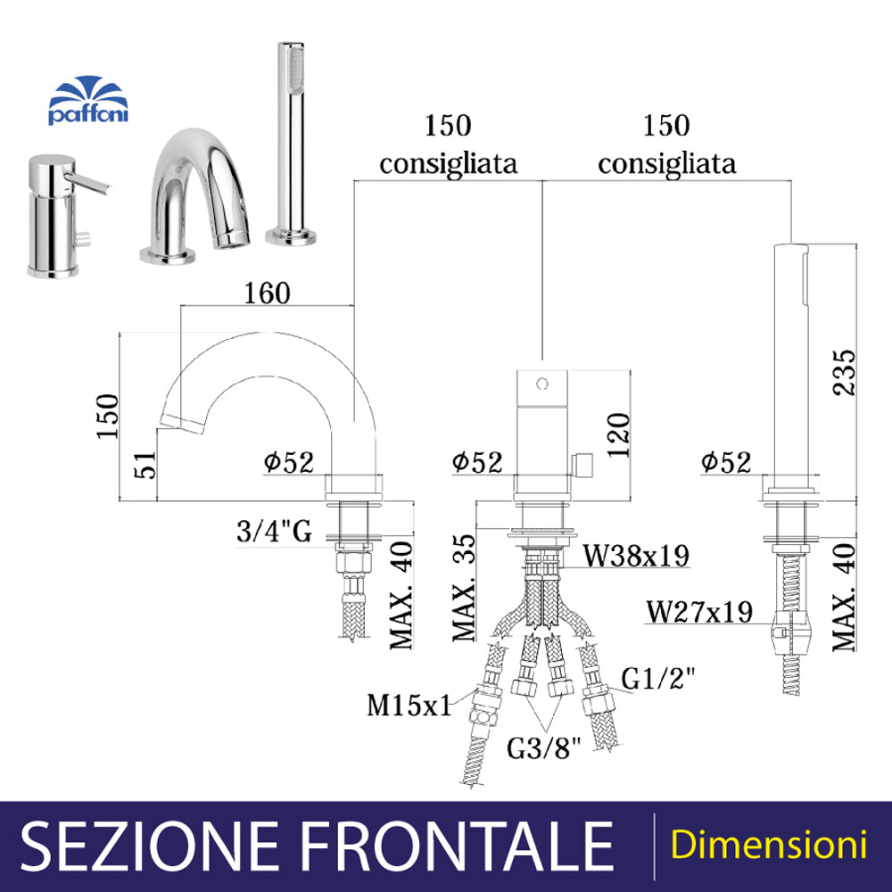 BATTERIA BORDO VASCA CON DOCCETTA ESTRAIBILE "STICK" - img 3