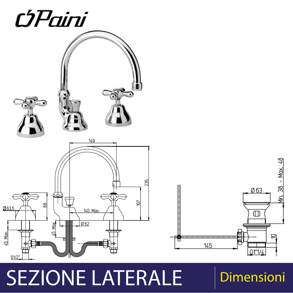 BATTERIA LAVABO A TRE FORI CON BOCCA ALTA ORIENTABILE "LIBERTY" - img 3